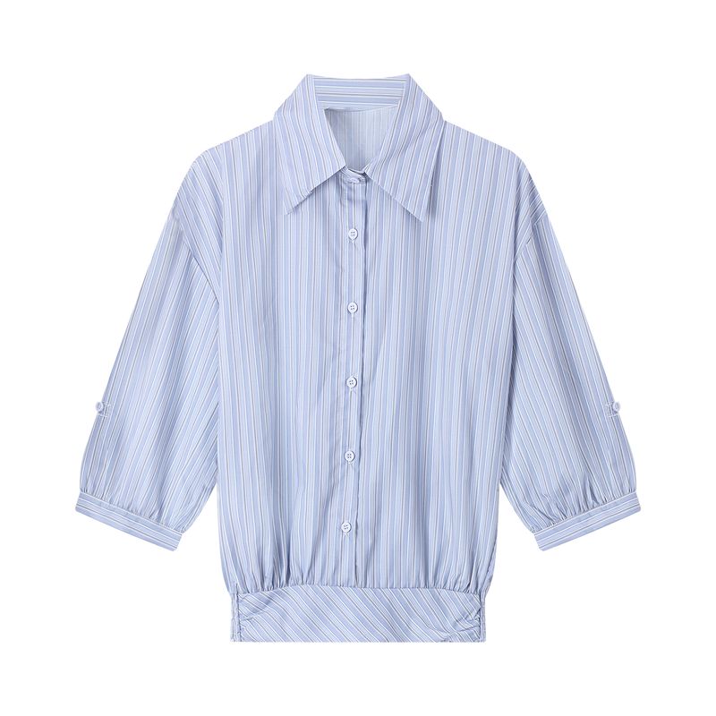 

Kumikumi Sexy Suit Stripes Loose Polo Collar Shirt Women s Summer Floral Pleated Skirt Two-piece Set Blue Tops L