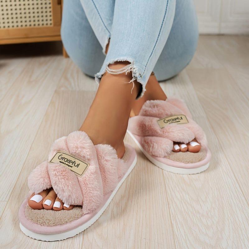 Ciepłe kapcie Crisscross Fluffy Home, miękka podeszwa z odkrytymi palcami i pluszową podszewką, antypoślizgowe, wyciszające kapcie podłogowe, zima i jesień