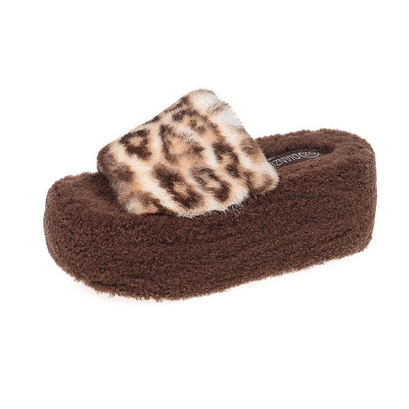 

Leopard print thick-soled fluffy slippers for women s outer wear 2025 new autumn and winter fashion home one-word cotton slippers 34