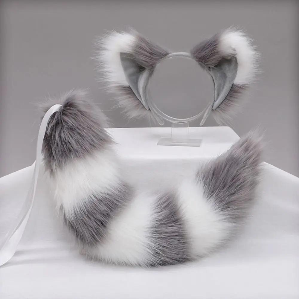 Kattenoortjes Kattenstaart en Oren Set Verstelbaar Halloween Cosplay Accessoires Po Prop Met Gesp Halloween Dier Cosplay Props gray
