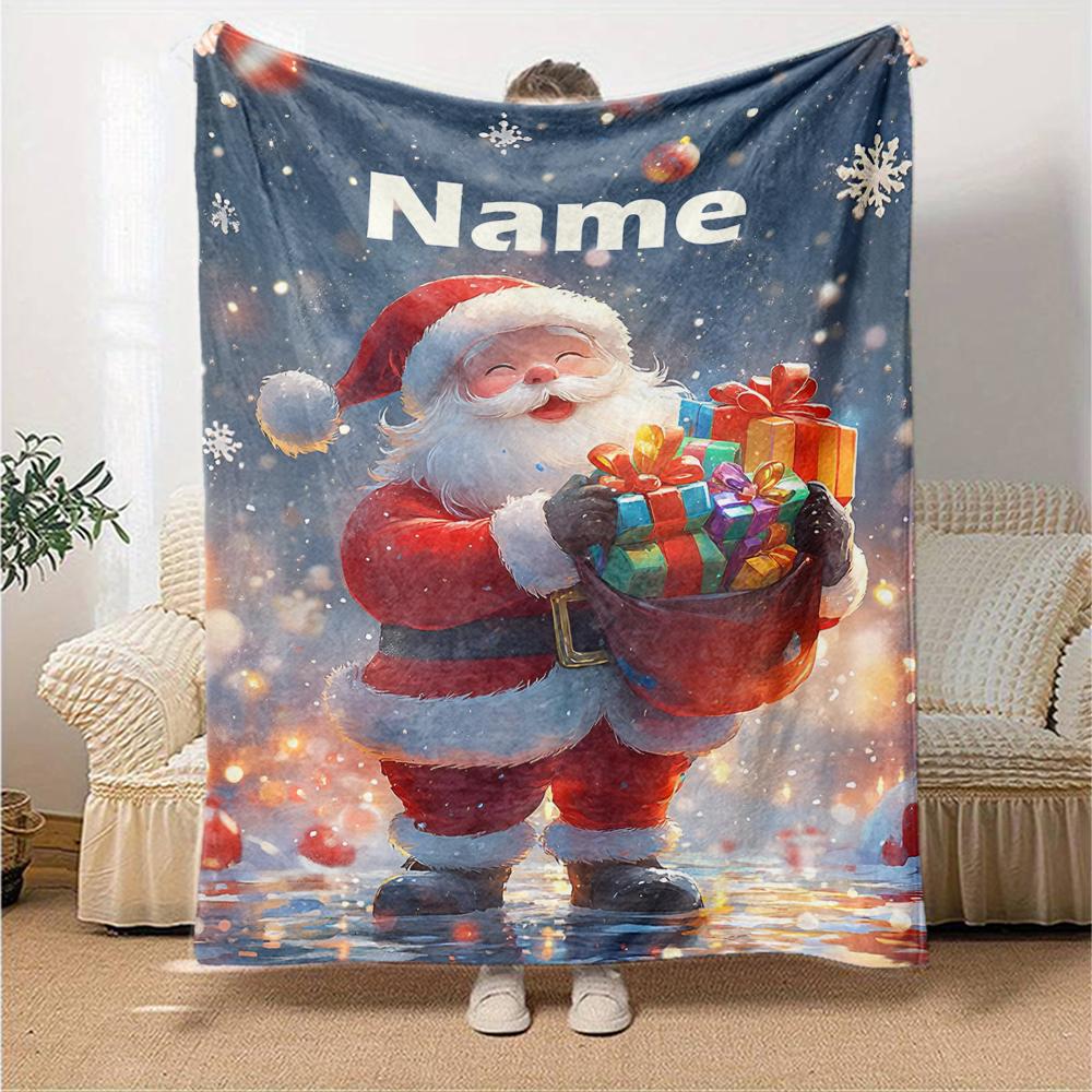 Custom Name Christmas Santa Claus Theme Printed Blanket - Perfect for Couch, Bed, Travel & Outdoor Use | Machine Washable, Cozy & Durable.
