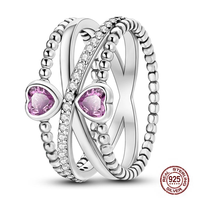 Shine Women koppar Fingerringar 925 Sterling Hjärta Krona Glöd Eldfluga Stjärna Sol Tusensköna Stapelbar Originalring Årsdag Zirkon