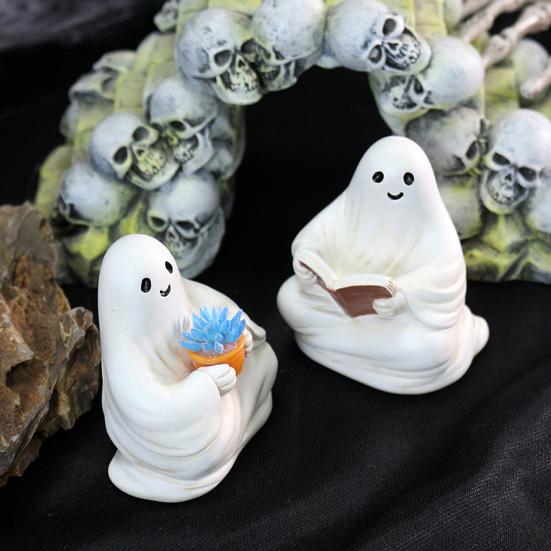 2 Pcs Sitting Ghost Ornaments Reading Holding Potted Plant Statue Figurine Resin Ghost Halloween Decor