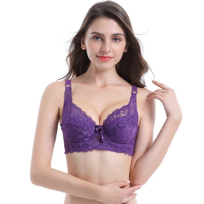 Thin Plus Size Sexy Lace Bra with Underwire and Adjustable Side Push-up for Women