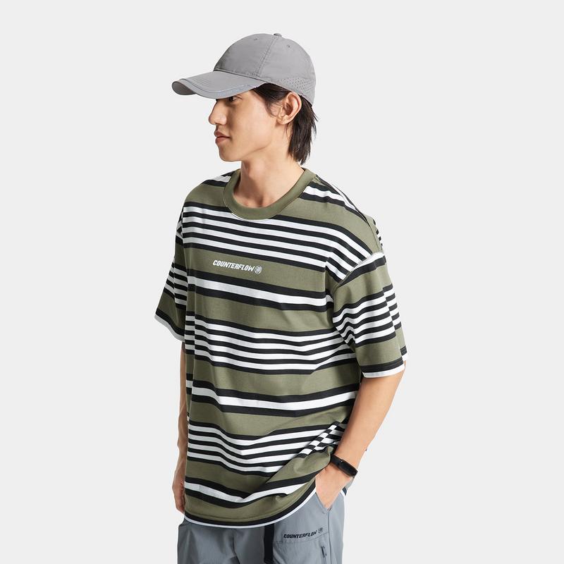 Li Ning CF Striped Comfort Temperature Control Antibacterial Short Sleeve T-Shirt Men Tops Tea-Green ATSV181-1