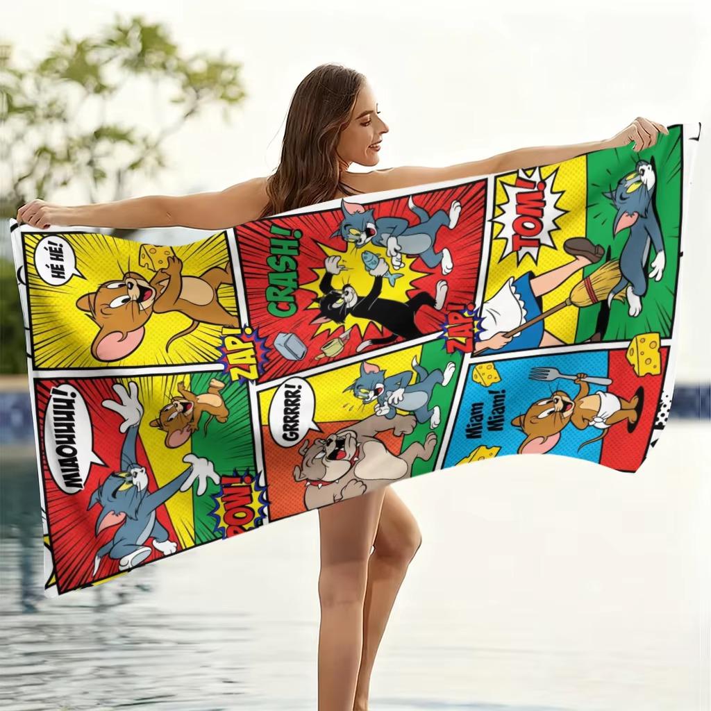 Tom&Jerry Flat Print Beach Towel Microfiber Soft Absorbent Bath Towel for Beach Pool Camping Summer Holiday Gift