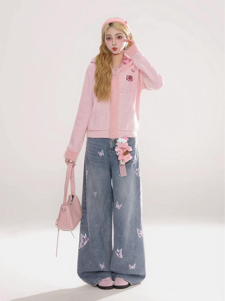 Women's 2025 Autumn/Winter Butterfly Embroidered Retro Wide-Leg Denim Pants