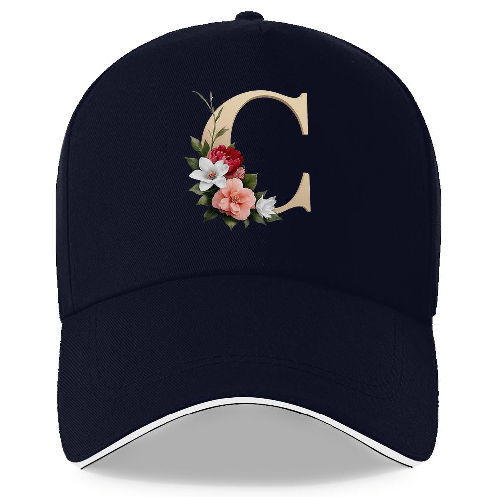 Floral Letter C Monogram Black Baseball Cap Adjustable Polyester Casual Snapback Hat Unisex Adult