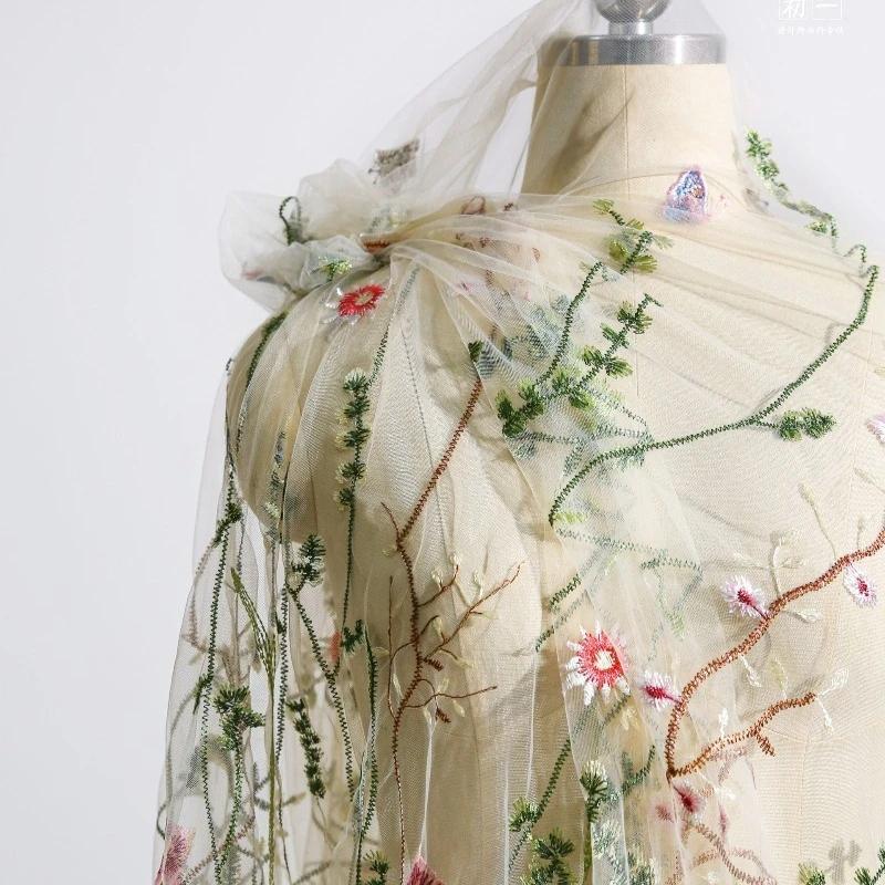 Forest-Style Vine Embroidery Fabric Embroidered Gradientmesh Yarn for Handmade DIY Sewing Gown Wedding Party Dress 100/300/500cm