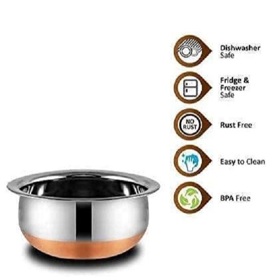 Set Of 5 Copper Bottom Stainless Steel Handi Set (Capacity : 0.5 Ltr, 0.75 Ltr, 1 Ltr, 1.5 Ltr, 2 Ltr) Cookware Set (5 Pieces) (Steel), 1500 ML