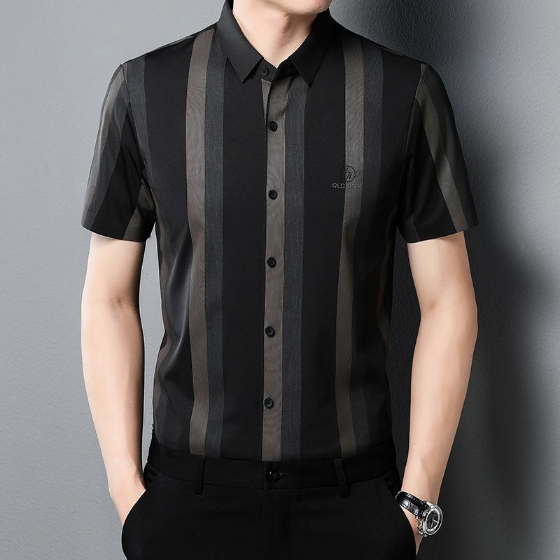 

Летняя рубашка с коротким рукавом в полоску, бесшовная, мужская, не требующая глажки, для среднего возраста, деловая, повседневная, мужская одежда XXXXL