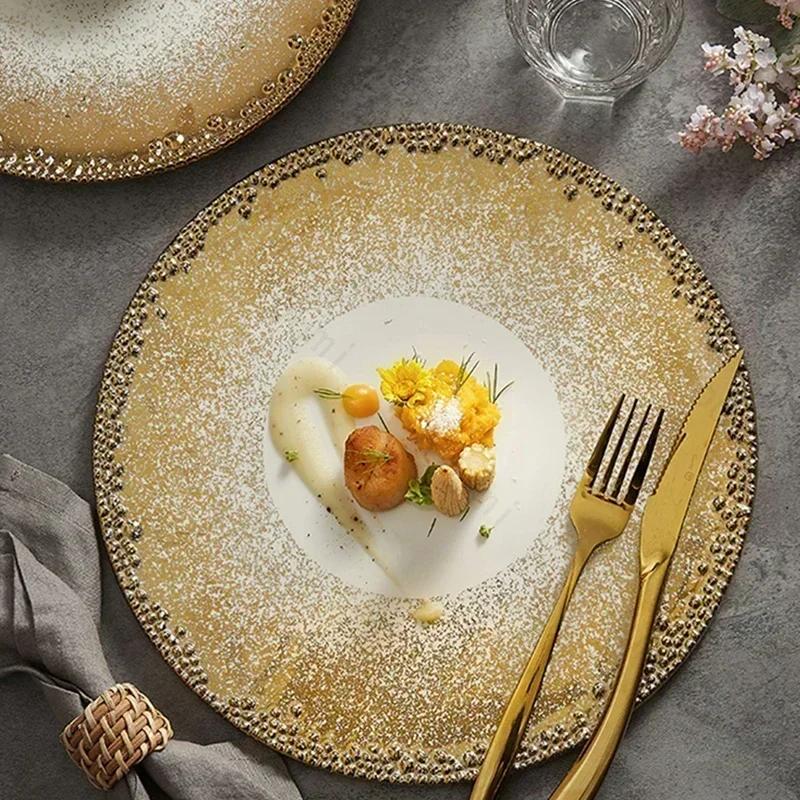 Gold Border High End Dining Plates Creative Light Luxury Ceramic Plate Retro Restaurant Steak Flat Tray Household Tableware