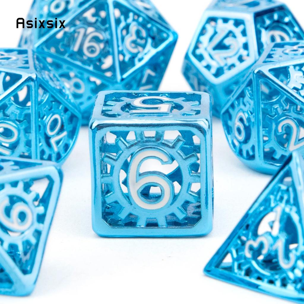7 Pcs Blue White Gear Wheel Metal Dice Hollow Metal Polyhedral Dice Set Suitable for Role-Playing RPG  Board Game Card Game