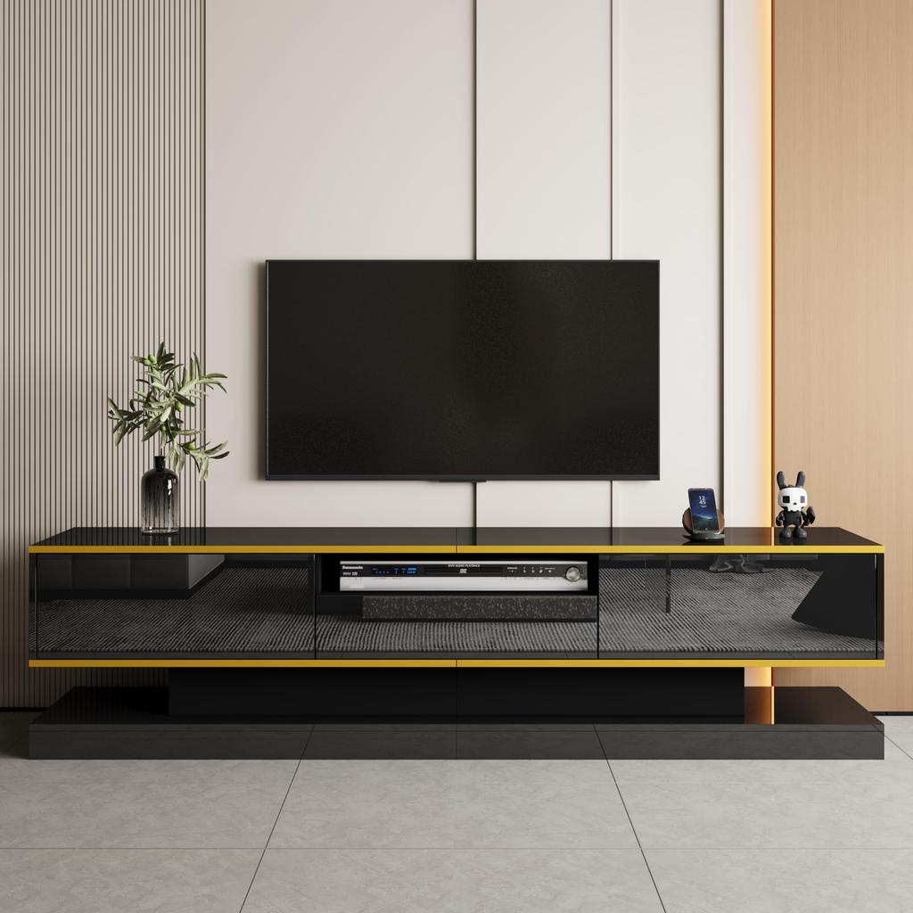 TV Cabinet, with 3 Drawers and Open Compartment, with LED Lighting and Golden Accents, Modern Lowboard with Plenty of Storage Space