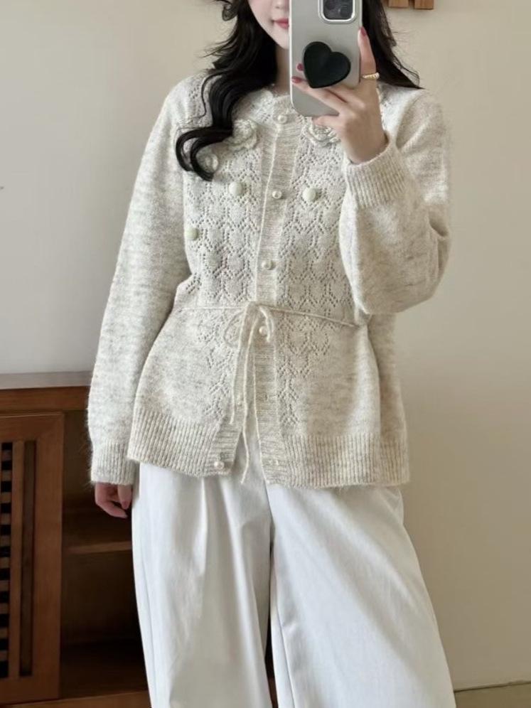 European Heavy Duty 3D Flower Knit Cardigan: Autumn Winter, Crochet Hollow-Out, Waist-Cinching Slimming Sweater Top