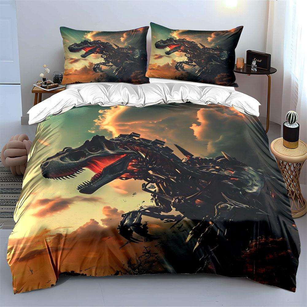 3Pcs Mechanical T-Rex Bedding Set, Cyborg Skeleton Dinosaur Print Duvet Cover, Post-Apocalyptic Tech Style