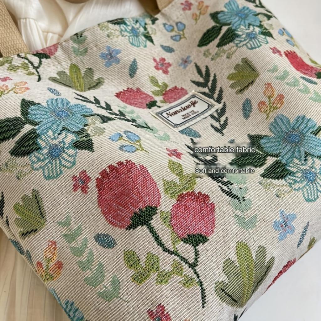 Large Floral Canvas Handbag with Shoulder Straps for Commuters and Students