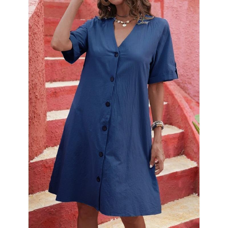 

YYFS Женская Мода Лето Весна Однотонный Принт Короткий Рукав V-образный Вырез Свободная Талия Повседневные Платья S темно-синий