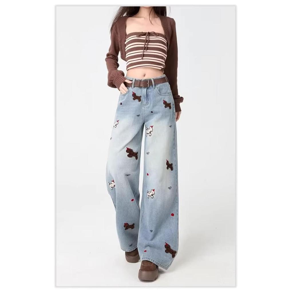 Fashionable Puppy Embroidered Wide-leg Jeans Women's Loose Slimming Versatile Design Floor-length Pants Cute Dog Embroidered Casual Pants