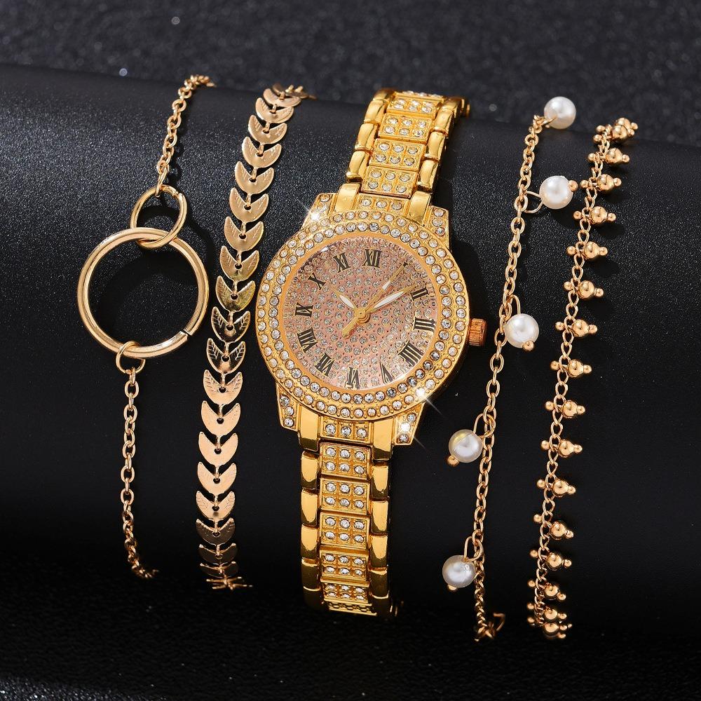 Ladies Watch Set, Steel Belt Full of Diamonds, High-end Quartz Watch Temperament, Business Leisure Watch Wholesale