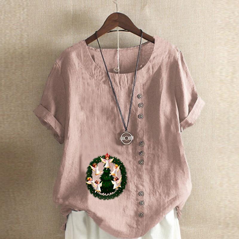 Women's Fashion Round Neck Short Sleeve T-shirt Casual Cotton Linen Graphic Shirt Leisure Loose Christmas Elves Prined Summer Blouse Tops