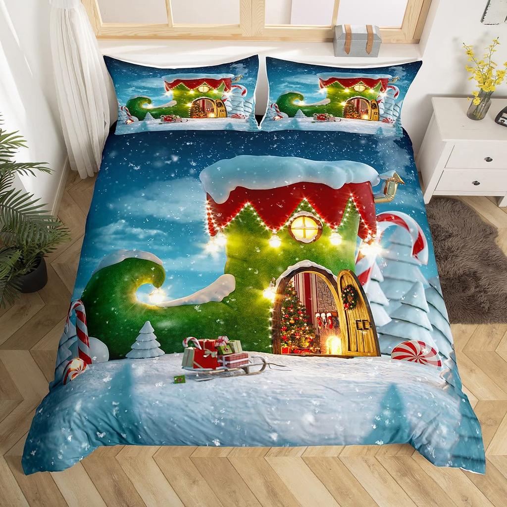 Happy New Year Xmas Duvet Cover 3 Piece Snowman Bedding Set Winter Themed Comforter Cover Merry Christmas Themed Bedspread Cover