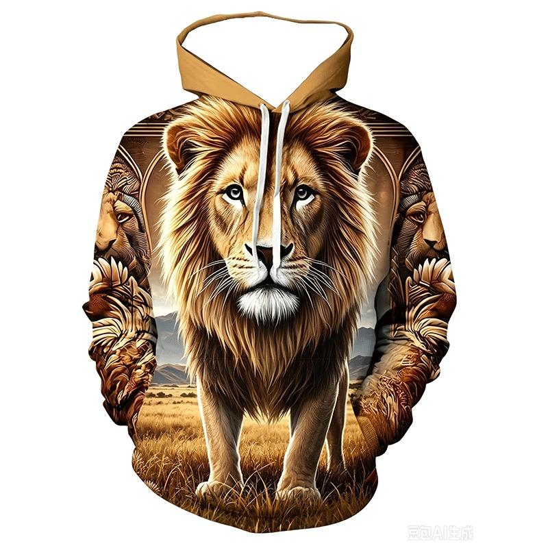 Casual Long Sleeve Hoodie for Men Featuring a 3D Design of a Sacred Lion And a Young Lion, Complete with a Pocket. Spring and Autumn