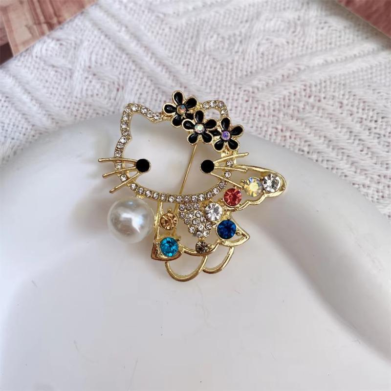 Multicolor Crystal Gem Pearl Big-Headed Cat Cute Enamel Pins Zircon Cartoon Metal Women's Brooch Jewelry Accessories