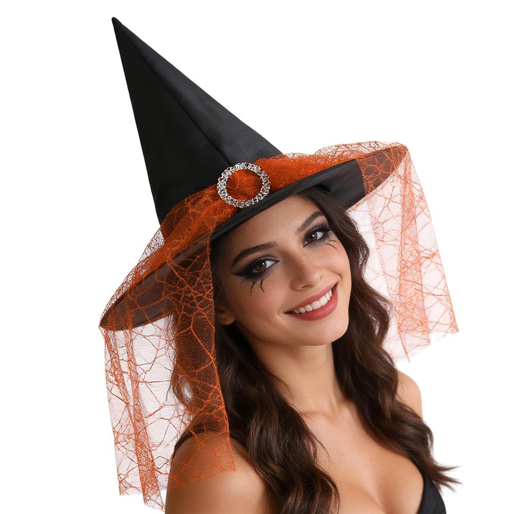 Halloween Witch Hat with Silver Buckle  Veil Kids Adult Cosplay Costume Prop Spooky Party Headwear