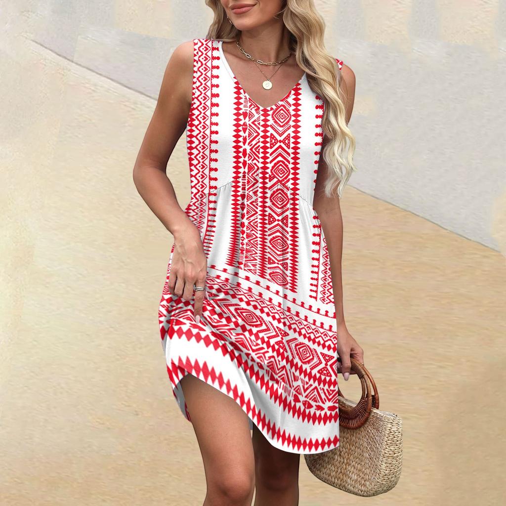Women's Summer V-neck Casual Beach Vacation Style Vintage Print Sleeveless Splicing Dresses