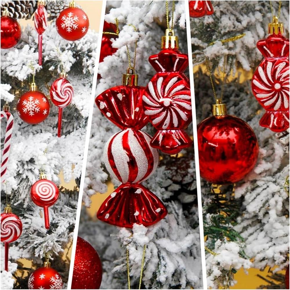 36pcs Christmas Ornaments Red Christmas Ball Shatterproof Plastic Christmas Tree Hanging Candy Cane Christmas Decorations