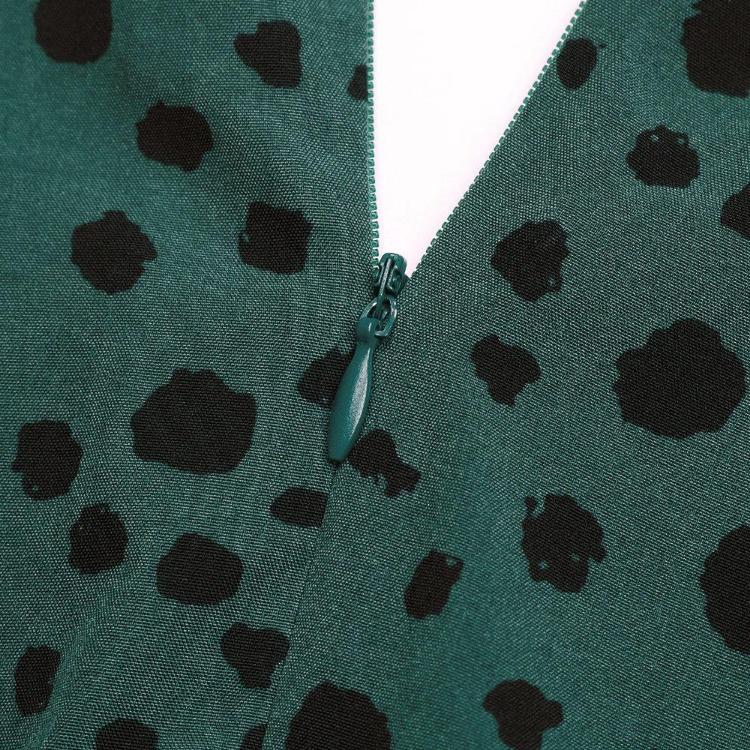 Green Leopard Print Chic Women Dress High Waist Long Sleeve V Neck Long Dress