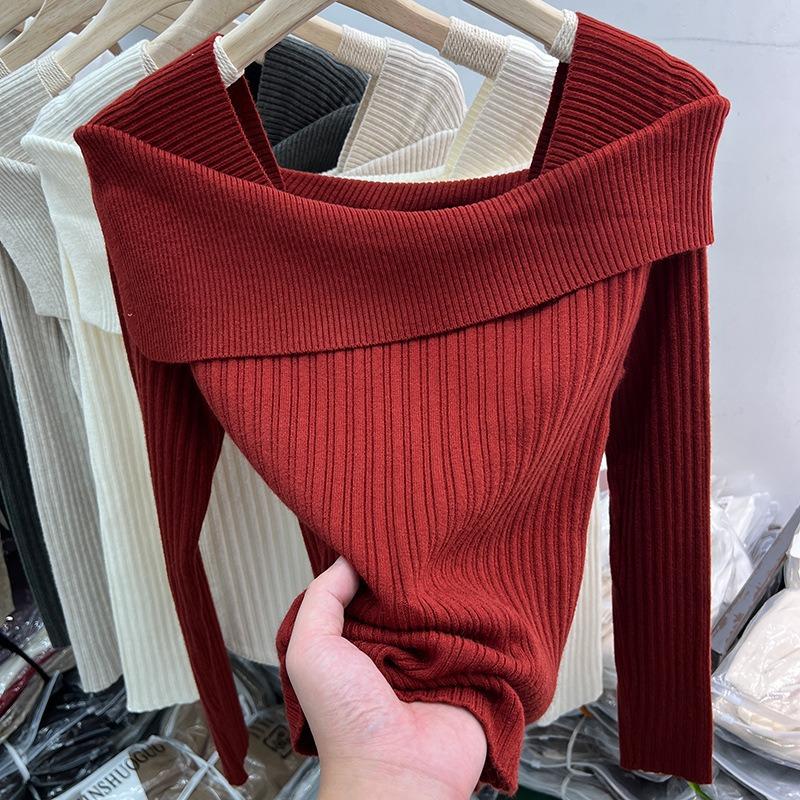 One-word shoulder top women's spring irregular slim-fit Spice Girls knitted sweater niche chic bottoming shirt