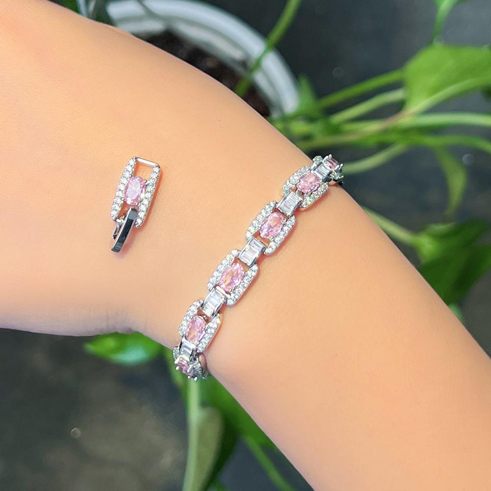 ThreeGraces Shiny Pink White Cubic Zirconia Bridal Wedding Cuban Chain Bracelet for Women New Trendy Party Costume Jewelry BR265