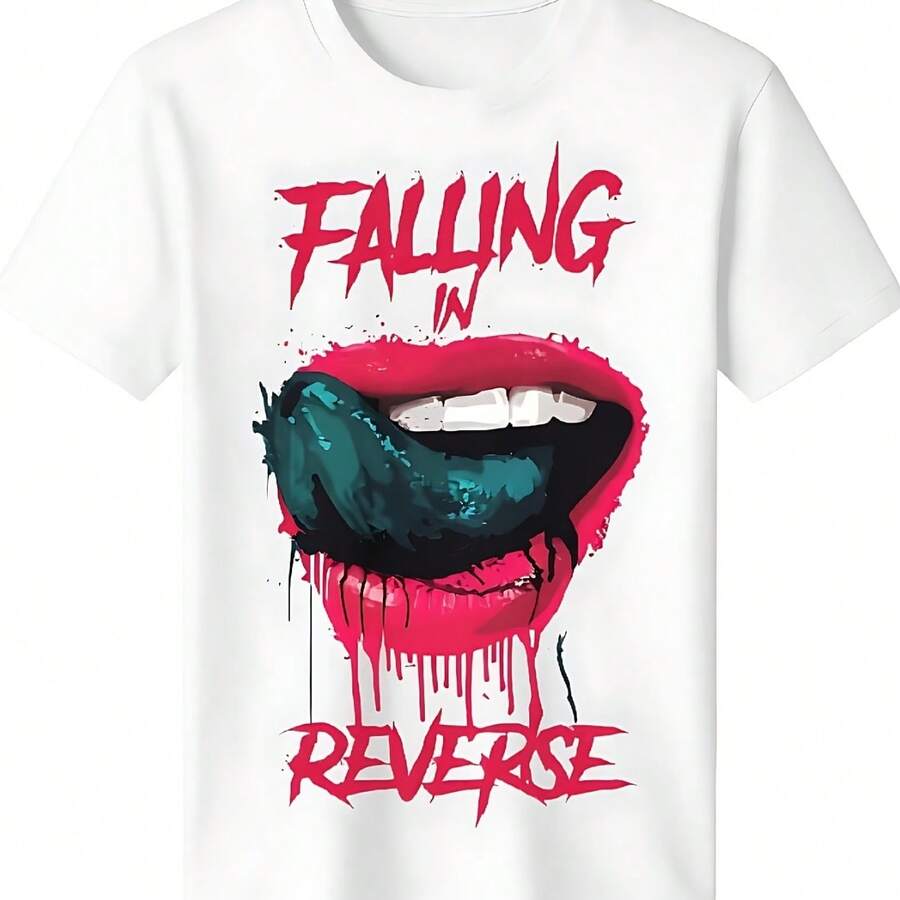 Unisexs Heavyweight 100 Cotton Falling In Reverse TShirt Black With Bold Red Pink Lips Graphic