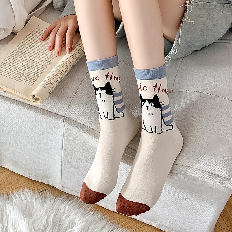Japanese Style Cartoon Kitten Mid-Calf Socks, Women's Graffiti Sport, Spring/Autumn Korean College Fashion