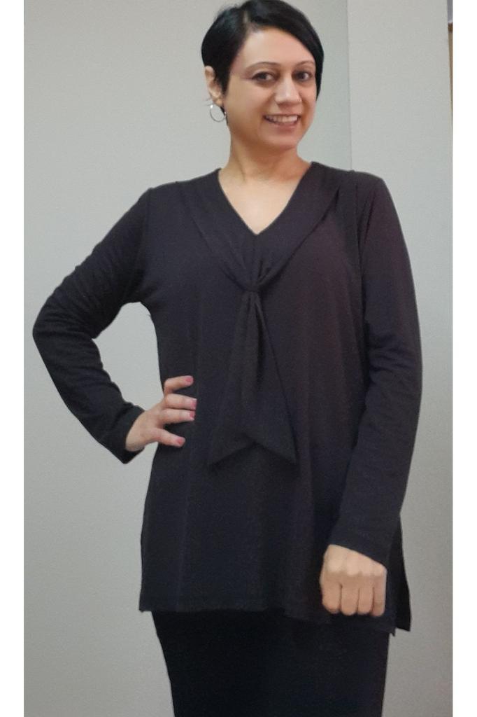 Damski Styl Duży Rozmiar T-Shirt Czarny Wygląd Szalika Czesana Wiskoza Długi Rękaw