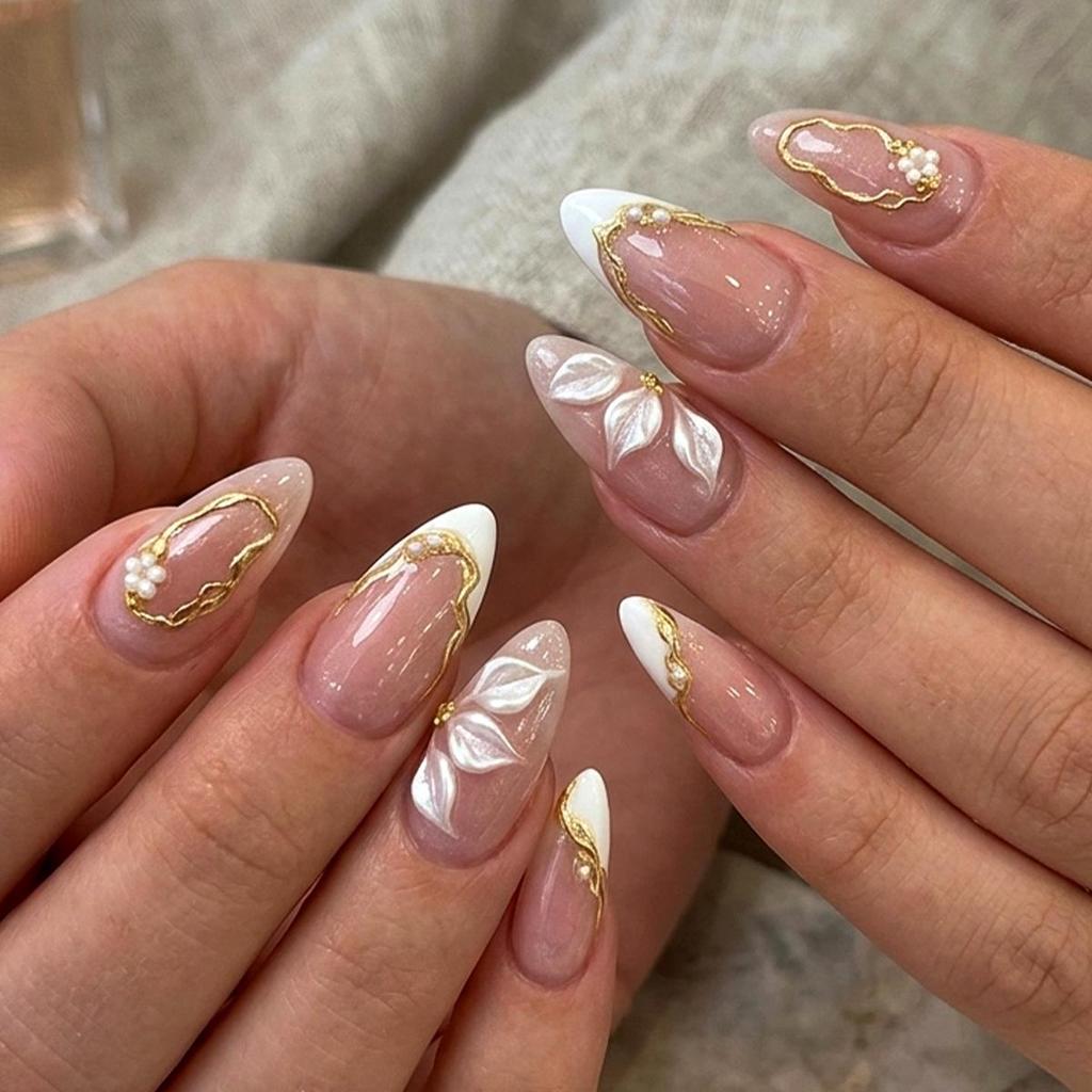 24 Nude Pink Gradient Press-On Nails with 3D White Flowers, Gold Lines, Pearls - Medium Length Beauty Set
