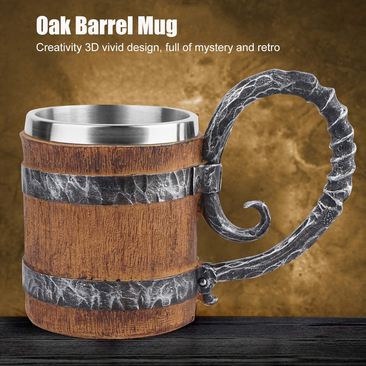 Resin Drinking Mug Distinctive Oak Barrel Stainless Steel Beer Cup, Personalized Water Cup Viking Beer Mug for Unrivaled Drinking Experience