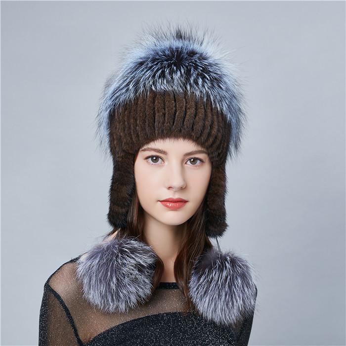Autumn and winter new women's mink hair hat mink thunder hat ear hat head full silver fox fur ball hat