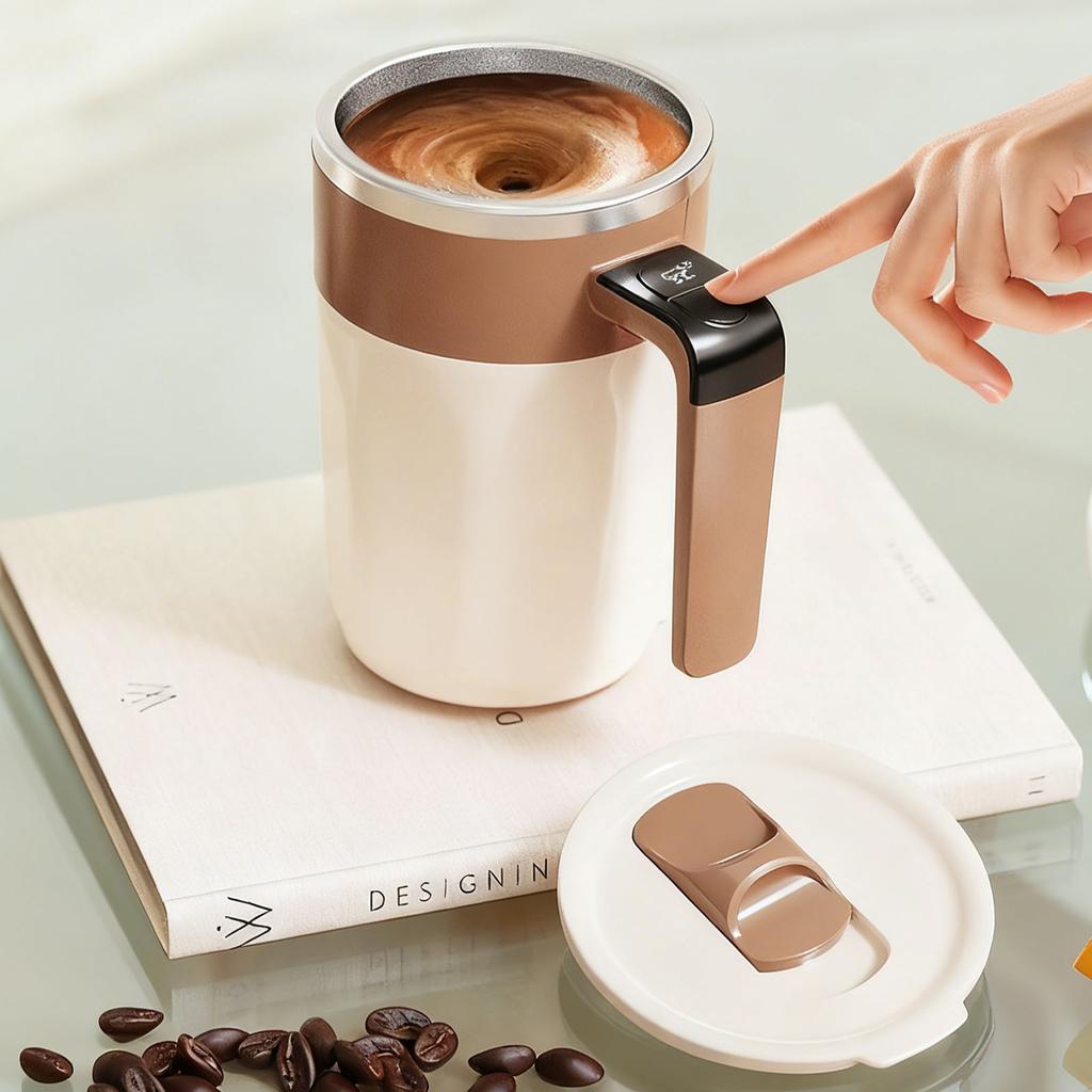   Self Stirring Coffee Mug with Temperature Display Rechargeable Automatic Magnetic Stirring Cup for   Travel Stainless Steel Beige Brown  