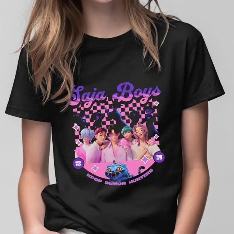 Vintage KPop Demon Hunters Print T-Shirt Korean Anime Short Sleeve Tee Summer Girl Boy Shirt Casual Tops Crewneck Clothing