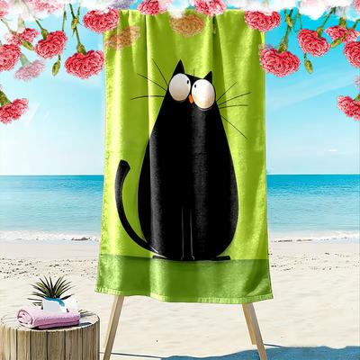 Whimsically Curious Black Cat Print Beach Towel, Quick Drying, Suitable for Travel, Outdoor Sports, Jogging, the Beach and Swimming, Gift