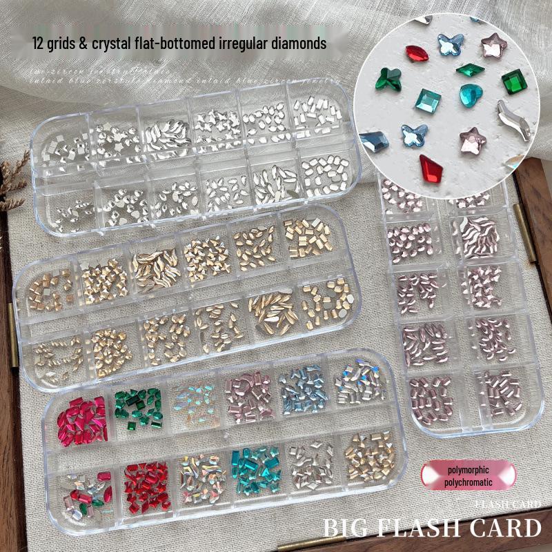 Flat-Bottom Irregular Diamond Nail Art Accessories: 12-Grids Crystal Champagne Pink DIY Nail Drills