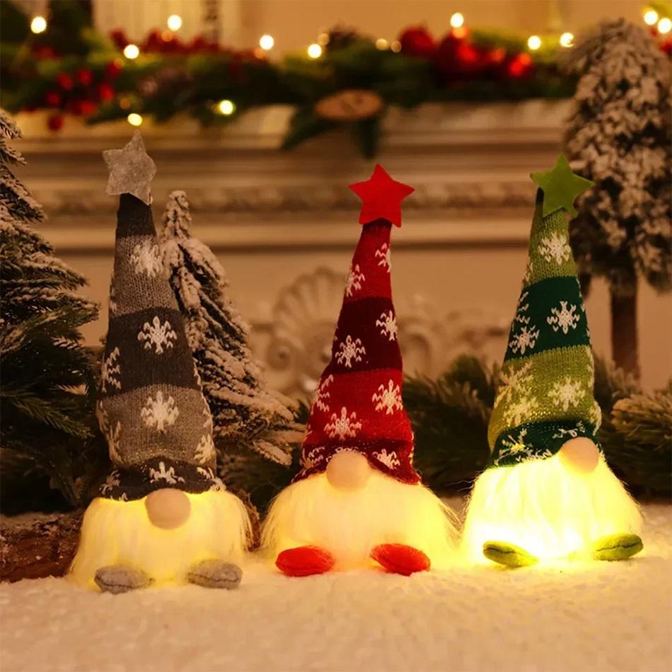 Christmas Faceless Doll Gnome Ornaments Led Light Plush Knitting Crafts Pendant Decoration Christmas Decorations For Household Kids Present