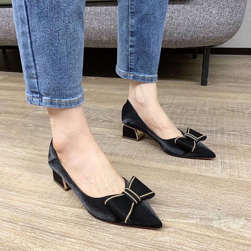 Single shoes women's thick heel mid-heel spring new women's shoes pointed head shallow mouth four-season shoes women's versatile bow high heels
