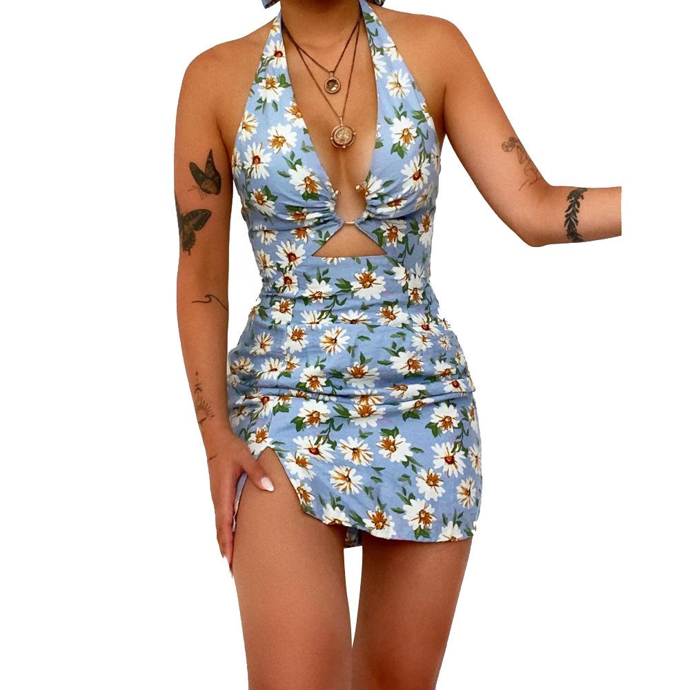 Summer New European and American Women's Clothing Printed Sexy Neck Backless Dress Swimsuit OM