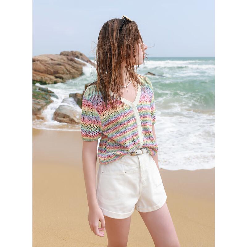 Sancai 2025 Summer Hollow Crochet Rainbow Stripe V-Neck Knit Top