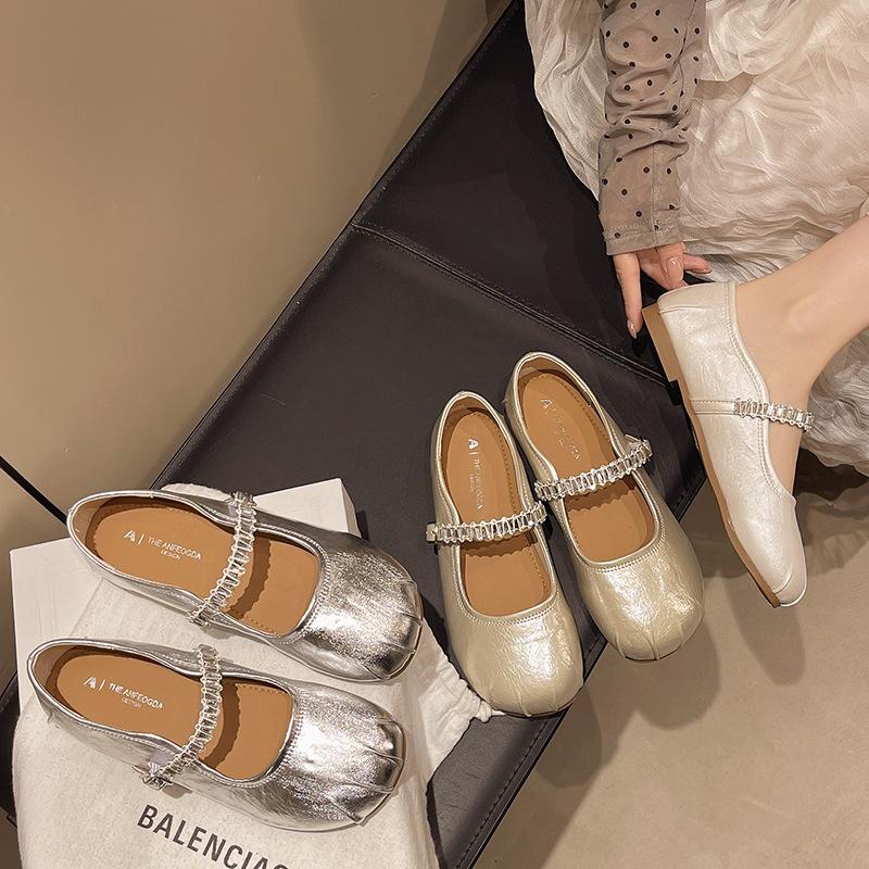 French Niche Soft Sole with Silver Mary Jane Shoes Women's 2025 Summer Flat Heel Women's Round Head Rhinestone Shoes