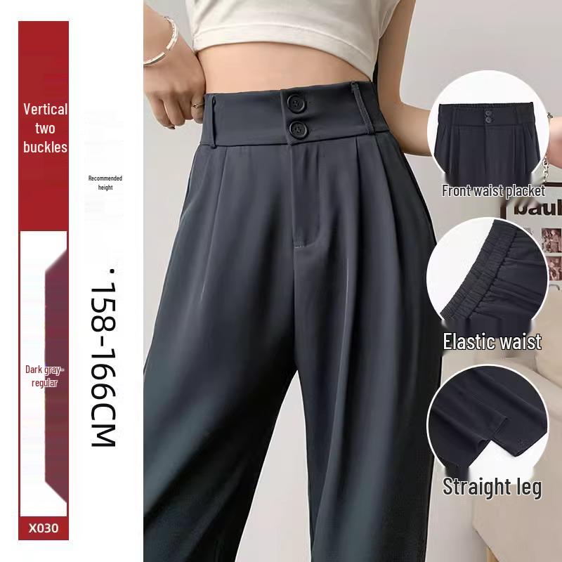 Damskie spodnie garniturowe z wysokim stanem, czarne - Kolekcja Lato 2025, Petite szerokie nogawki, drapowane proste spodnie